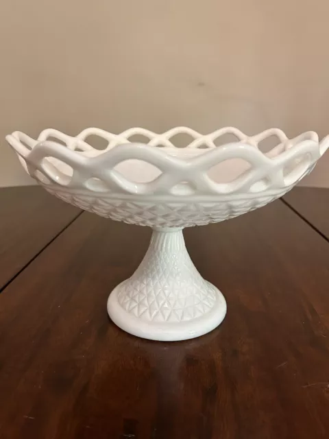 Large White Milk Glass Pedestal Filagree Edge Ctr. Diamond Cut Design Bowl Dish