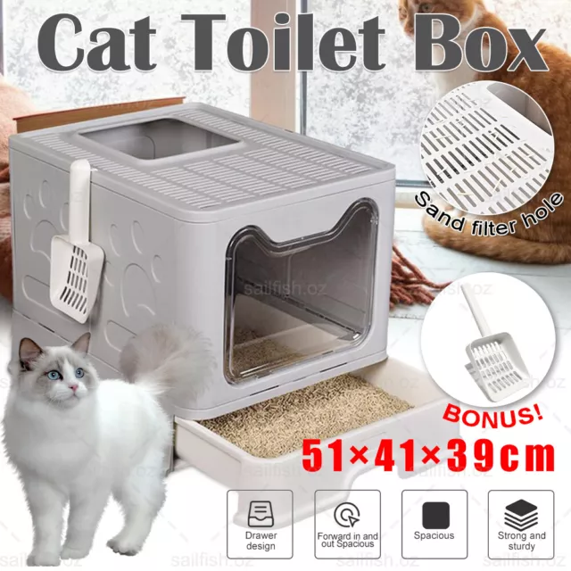 Large Foldable Cat Litter Box Self Cleaning Kitty Toilet Enclosed Tray Refills