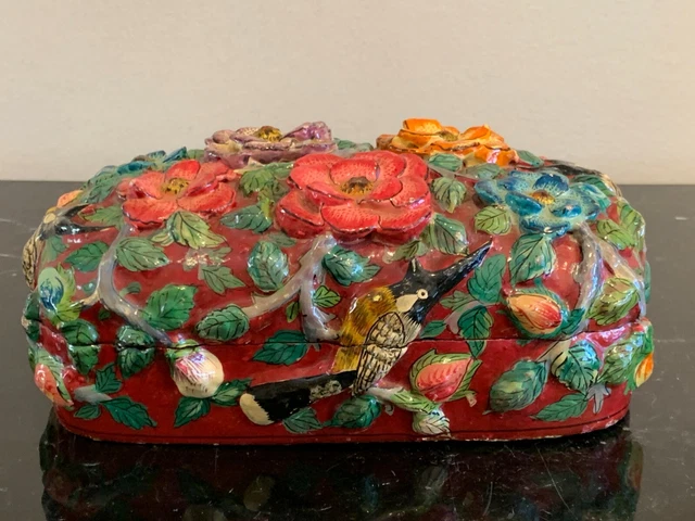 Antique Papier Mache Relief Floral Bird Decoration Lacquer Box