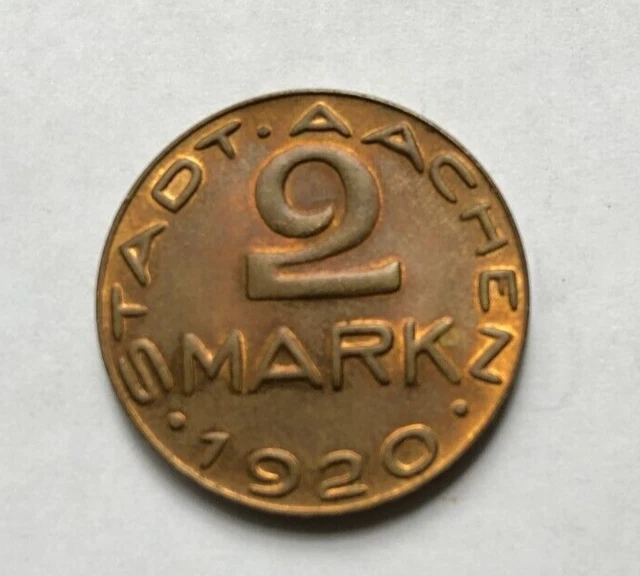 1920 Aachen Stadt (Rheinprovinz)- 2 Mark Notgeld Brass Coin Funck# 1.17b