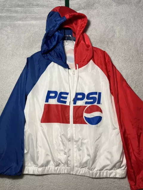 Pepsi Cola Spell Out Logo Windbreaker Jacket Red White Blue Hooded XL