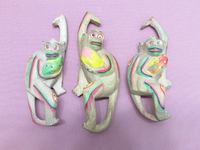 3 Pcs Vintage Hand Carved & Painted Wooden Hanging Monkeys