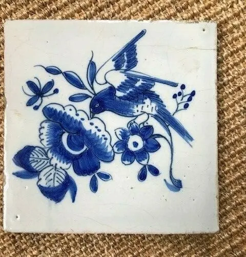 Rare Large Antique 18C Dutch Delft Tile Blue And White Depicting A Bird And Rose