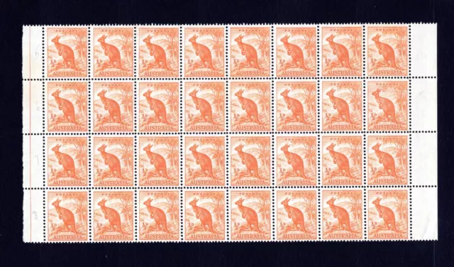 MINT AUSTRALIA KGVI 1/2d ORANGE KANGAROO BLOCK WITH FOGGY HILLS RETOUCH -CV $190