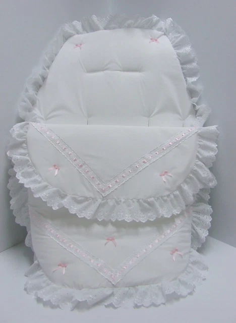 Cosy Toes/Footmuff 3in1 in white  pink ribbon & bows