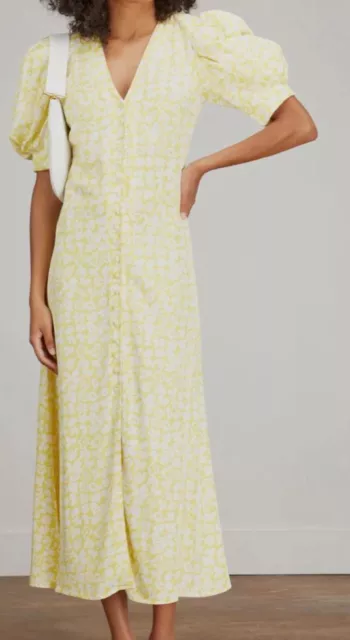 $395 Rhoe Womens Yellow Floral Printed Puff Sleeve V-Neck Midi Dress Sz EU40/US8