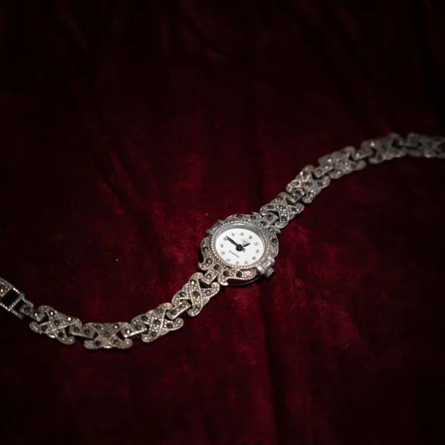 Damen-Armbanduhr Sterling Silber retro mit Markasit und Zirkoniasteinen, 18,5 cm