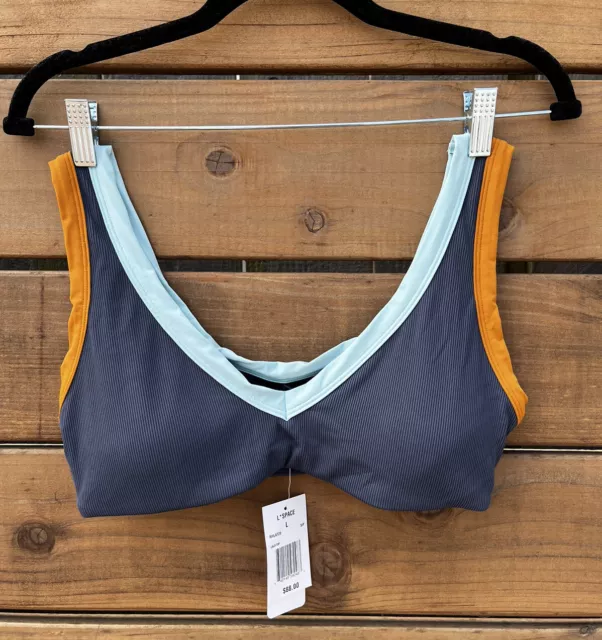 L*Space LALA Bikini Top Ribbed, Slate with Orange/Blue Trim Padded Sz Large NWT