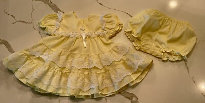 EUC Vintage Alexis Pastel Pale Yellow Lace Baby Girl Dress 9 months Ruffles