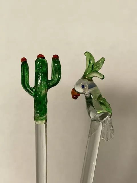 2 Vintage Hand Blown Glass Cactus & Bird Swizzle Sticks Cocktail Stirrer
