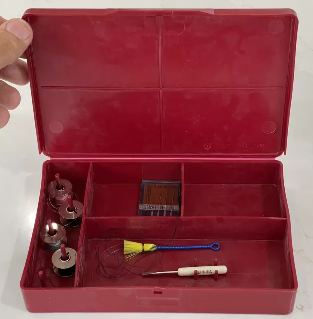 Genuine Red Bernina Sewing Accessories Box,Bobbins, Brush,Needles,Screw Driver