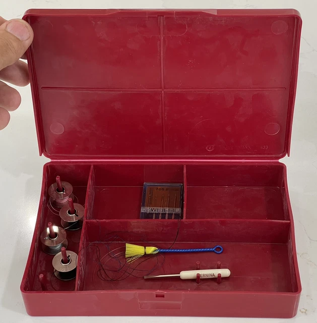 Genuine Red Bernina Sewing Accessories Box,Bobbins, Brush,Needles,Screw Driver Genuine Red Bernina Sewing Accessories Box,Bobbins, Brush,Needles,Screw Driver
