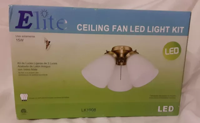 Elite Ceiling Fan Kit Led 3 Light  - Antique Brass Finish -  Frosted Glass