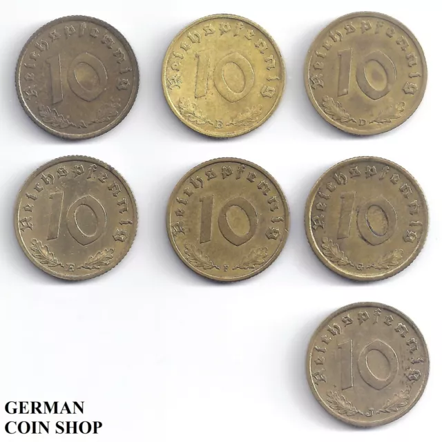 Set 10 Reichspfennig 1939 A B D E F G J - Drittes Reich