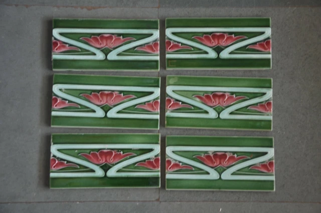 6 Pc Vintage H&R Johnson Majolica Floral Decorative Art Ceramic Tile, England