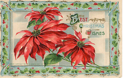 Postcard Vintage Christmas Poinsettia Green Frame Fancy Lettering c1911 -G1