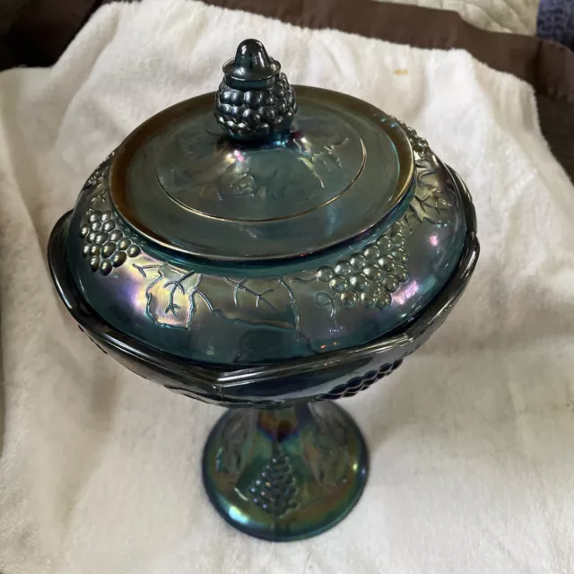Vintage Blue Carnival Glass Candy Dish With Lid Harvest Grape Indiana Glass