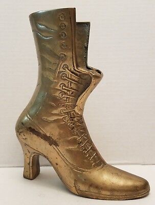 9.15.4)  Victorian Ladies Lace Up Boot Shoe Planter Vase Brass 8"  patina