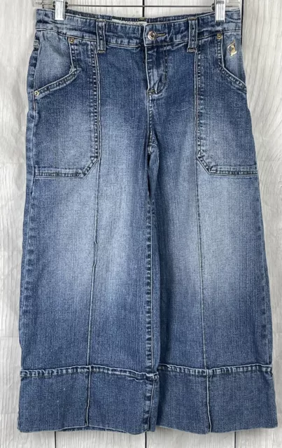 Baby Phat Womens Juniors Size 5 Distressed Wide Leg Capri Blue Jeans Cat Emblem