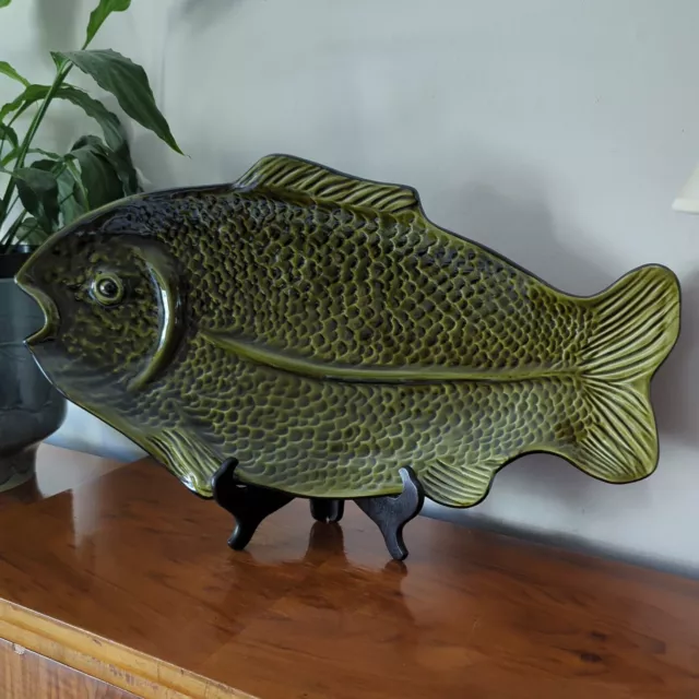 Vintage French Poët Laval Large Green Ceramic Fish Shaped Plate 53cm Long VGC