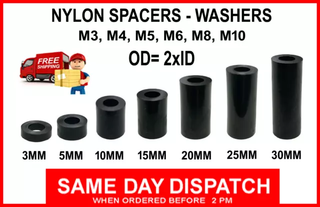 Spacers Black Nylon Standoff Washers M3 M4 M5 M6 M8 M10 Plastic  (OD= 2x ID)