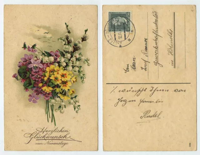 112013 - bouquet of flowers - name day - postcard, run Zacler-Königshan 18.3.1937