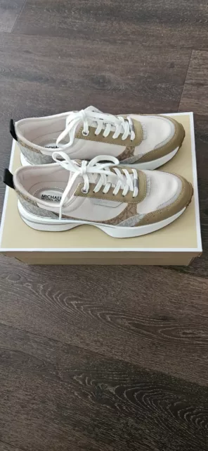 NIB MICHAEL KORS Flynn Trainer lace-up sneakers, camel/gray/light pink, Wm sz 8M