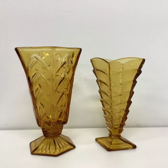 Two Art Deco Style Amber Glass Vases (H1) NS#8657