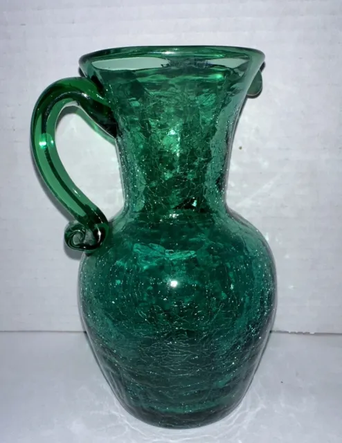 Vtg Pilgrim Hand Blown Art Crackle Glass Emerald Teal Green Pitcher Vase 6 7/8”
