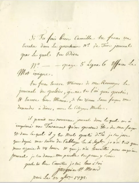 [CAMILLE DESMOULINS] - lettre à lui adressée 1792 TERREUR - RARE