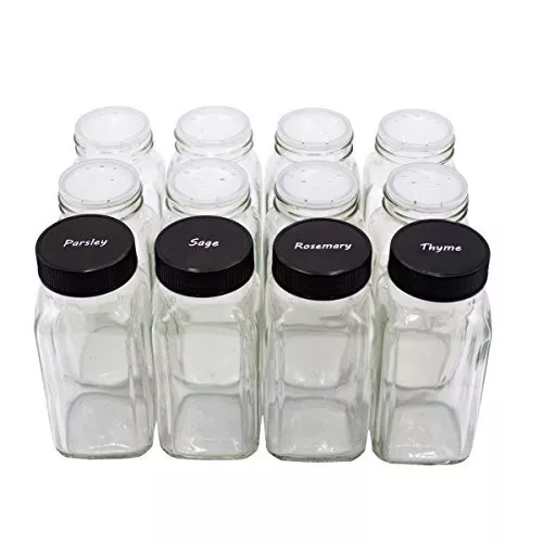12 pieces of French Square Glass Spice Bottles 6 oz Spice Jars with Black Pla...