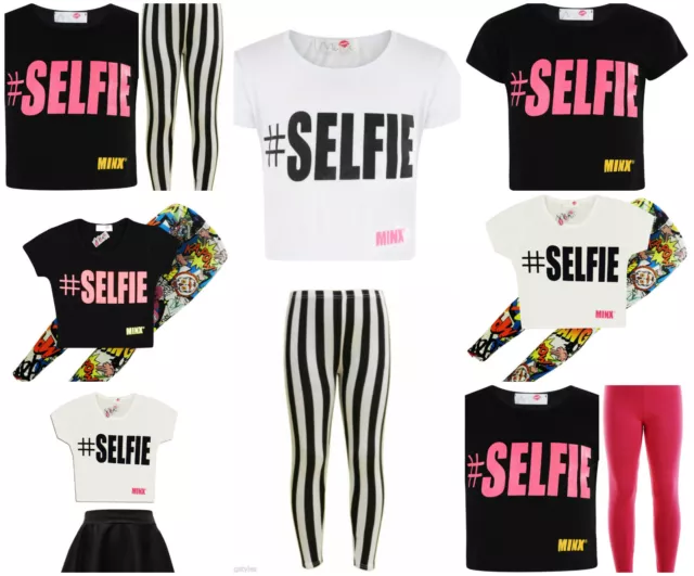 Girls Kids Selfie Crop Top With Skater Skirt And Legging Set Black White Comic