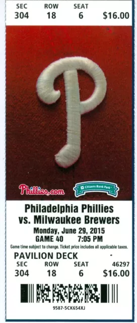 2015 Phillies vs Brewers Ticket: Jonathan Lucroy 4 hits/Ryan Braun 3 hits