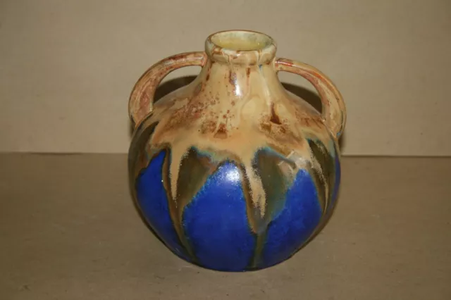 Vase en grès Méténier  -  2 anses - Beige et bleu foncé