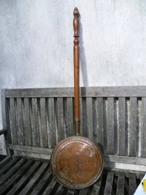 Antique French Copper Bed Warmer. Vintage, Pin Hammer Pattern, Copper Bed Warmer