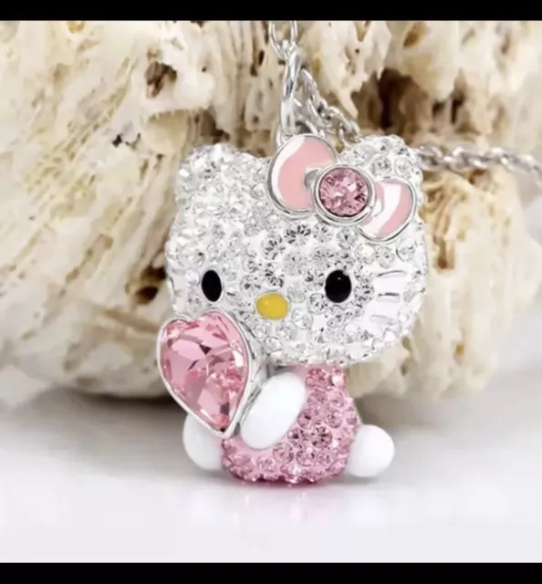 Hello Kitty Crystal Necklace Pink Peach Heart  Sanrio Anime Character