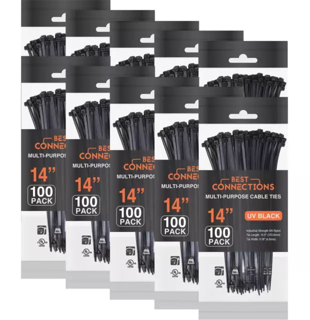 1000 Pieces 14" Black Nylon Cable Straps Zip Ties Wire 50 Lbs Tensile Strength