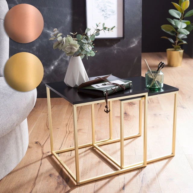 Finebuy tables gigognes en aluminium, lot de 2, rondes, argentées - table d' appoint avec motif feuille Finebuy tables gigognes en aluminium, lot de 2, rondes, argentées - table d' appoint avec motif feuille