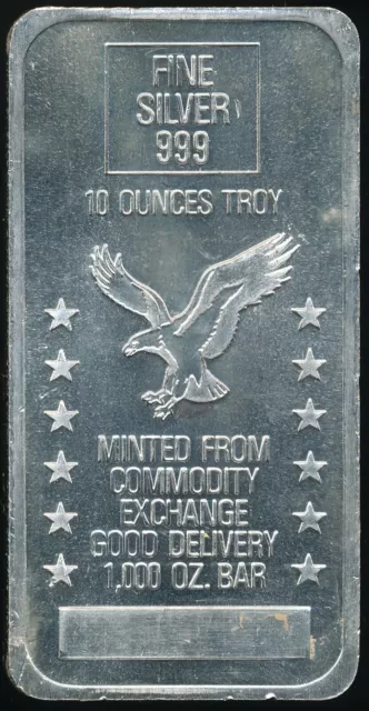 Vintage 10 Oz. .999 Silver Bar Minted From Commodity Exchange 1,000 Oz. Bar