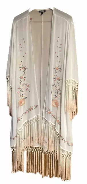 Torrid Women’s Size 3/4 White Floral Embroidery Chiffon Kimono Fringe Boho