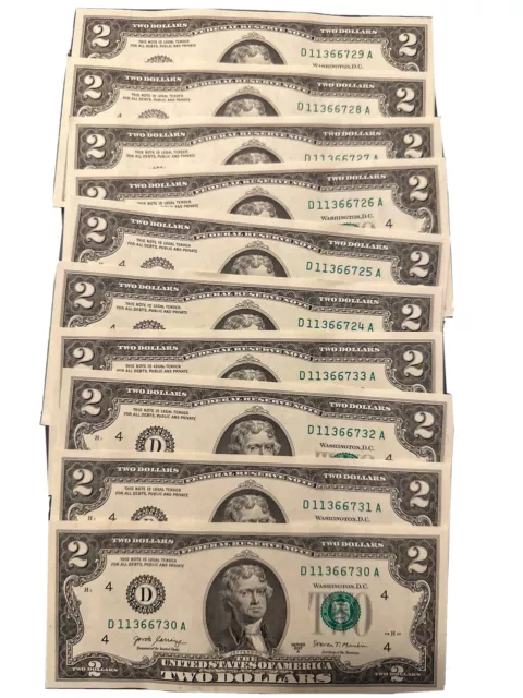 NEW Uncirculated Two Dollar Bills Series 2017A $2 Sequential Notes Lot of 10