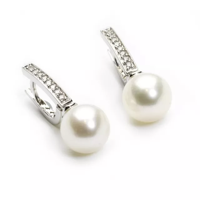 18Ct White Gold Fresh Water Cultured Pearls & Diamonds Drop Earrings 0.15cts