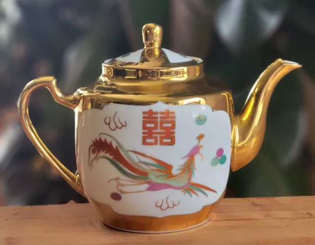 Vintage Chinese Porcelain Dragon and Phoenix Golden Teapot