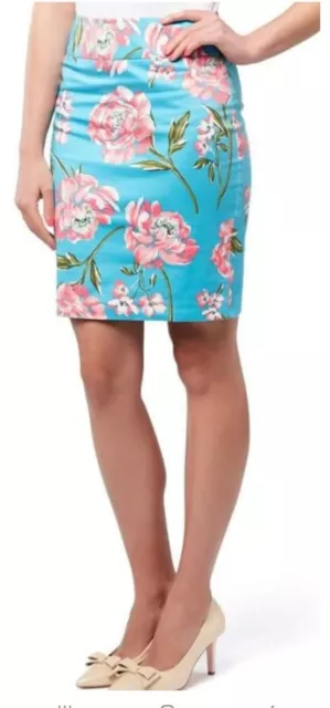 REVIEW Blue & Pink Floral Pencil Skirt SIZE 16 Stretch Cotton