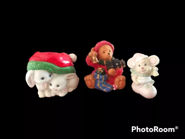 Christmas Figurines Lot Of Three Christmas Bear, Mouse, Bunnies