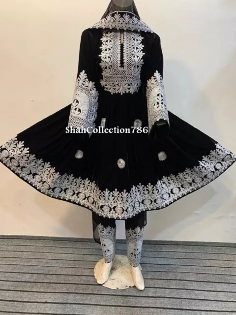 Afghani dress in black color Afghan handmade clothes with charma embroidery in w