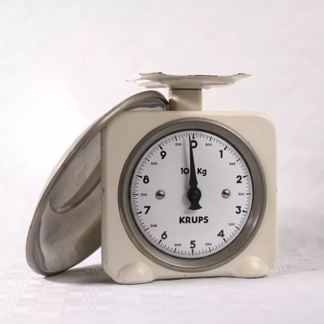 Antike Emaille Waage KRUPS 10 Kg - Küchenwaage mit Schale - Email Weiß - H 23cm
