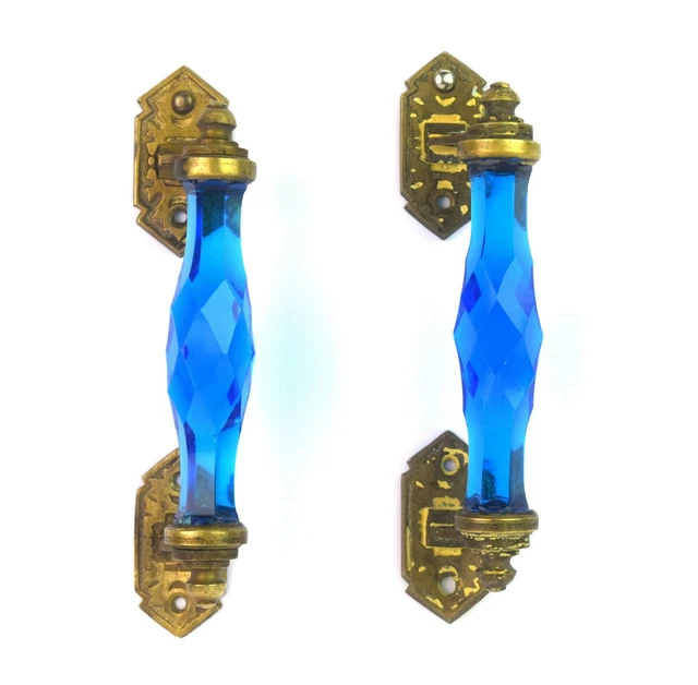 Pair of Vintage Nice Decorative Victorian Cut Glass Blue Door Handle. i24-132