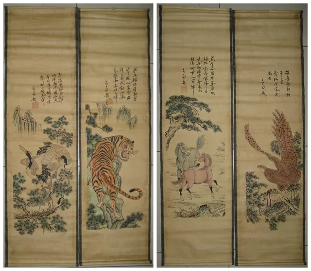 Chinese painting scroll Tiger Jiang Tingxi 蔣廷錫 虎 马 鹰 鹤