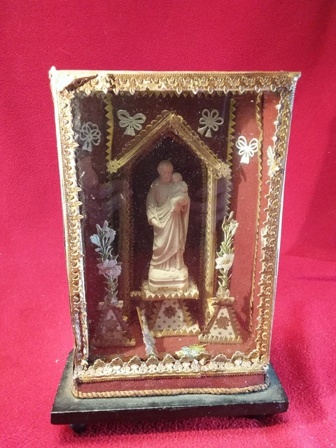 Antiker Schaukasten mit Jesus Kind Klosterarbeit Holz Glas (1527)